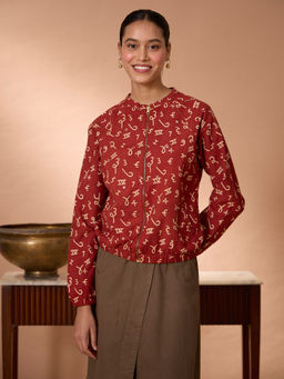 Okhai - Crimson Count Handblock Printed Ajrakh Pure Cotton Mirror Work Bomber Jacket