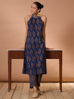 Okhai - Evening Lily Hand Mirrorwork Handblock Printed Ajrakh Pure Cotton Kurta Pant (Set of 2)