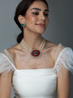 Joules By Radhika - Green Kundan-Inspired Multi-Layer Jewellery Set