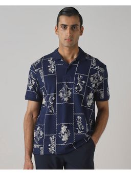 Mufti - Deep Midnight Navy Blue Floral Polo T-Shirt