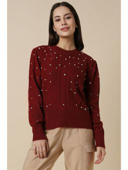 Allen Solly - Women Maroon Embellished Round Neck Casual Sweater
