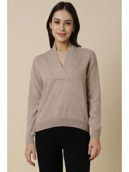 Allen Solly - Women Beige Solid V Neck Casual Sweater