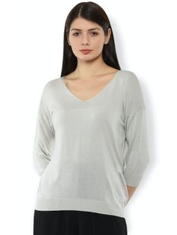 Van Heusen - Women Grey Solid V-Neck Sweater