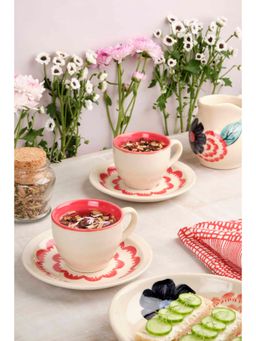Freedom Tree - Chrysanthemum Handpainted Pink Cup & Saucer - Set Of 4