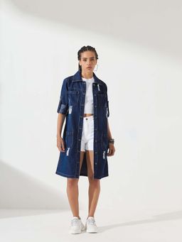 DOLCE CRUDO - Women Navy Blue Collared Button Fly Denim Longline Overcoat