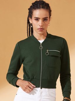 DOLCE CRUDO - Women Green Full Sleeves Loopknit Bomber Cropped Jacket