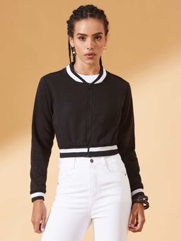 DOLCE CRUDO - Women Black Full Sleeves Loopknit Bomber Cropped Jacket