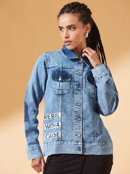 DOLCE CRUDO - Women Blue Collared Full Sleeve Denim Jacket