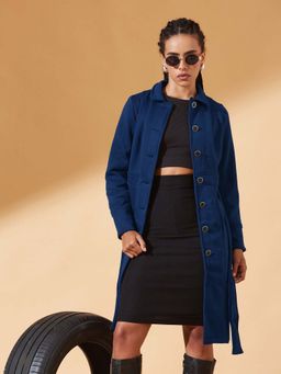 DOLCE CRUDO - Women Navy Blue Collared Overcoat with Belt