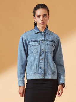 DOLCE CRUDO - Women Light Blue Collared Classic Denim Jacket