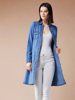 DOLCE CRUDO - Women Blue Collared Full Sleeves Denim Longline Overcoat