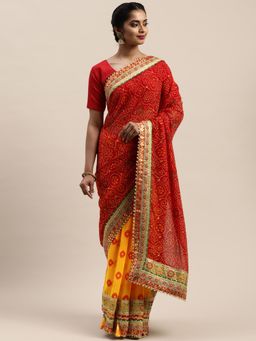 Vastranand - Red & Mustard Poly Georgette Printed Bandhani Saree with Unstitched Blouse