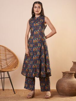 FASHOR - Ethnic Printed A-Line Panelled Kurta with Palazzo - Blue (Set of 2)