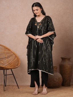 FASHOR - Lurex Striped Kaftan Kurta with Pant & Inner - Black (Set of 3)