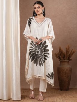 FASHOR - Lurex Striped Floral Printed Kaftan Kurta with Pant & Inner - White (Set of 3)