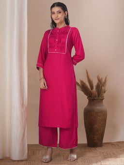 FASHOR - Solid Pin Tucked Straight Fit Kurta with Palazzo - Pink (Set of 2)