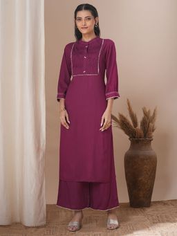 FASHOR - Solid Pin Tucked Straight Fit Kurta with Palazzo - Burgundy (Set of 2)
