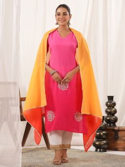 FASHOR - Ombre Dyed Straight Kurta with Palazzo & Dupatta - Pink (Set of 3)