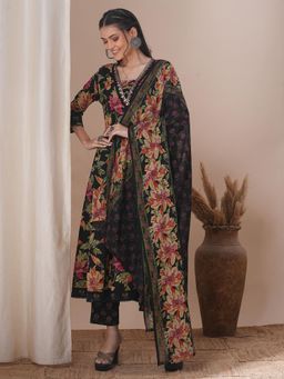 FASHOR - Ethnic Floral Printed Anarkali Flared Kurta with Pant & Dupatta - Black (Set of 3)
