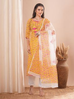 FASHOR - Ethnic Floral Printed Straight Fit Kurta with Pant & Dupatta - Yellow (Set of 3)