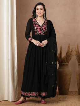 FASHOR - Floral Embroidered A-Line Pleated Kurta with Pant & Dupatta - Black (Set of 3)