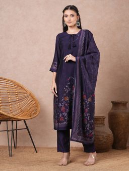 FASHOR - Floral Printed Straight Kurta with Pant & Dupatta - Purple (Set of 3)