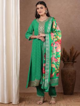 FASHOR - Foil Printed Anarkali Flared Kurta with Pant & Printed Dupatta - Green (Set of 3)