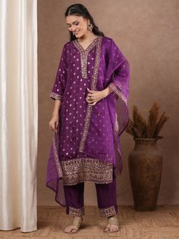 FASHOR - Ethnic Woven Straight Kurta with Pant & Dupatta - Purple (Set of 3)