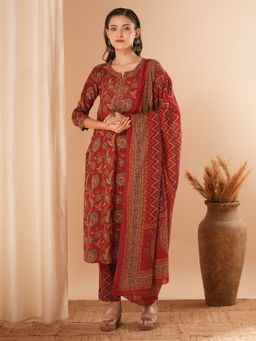 FASHOR - Floral Printed Straight Kurta with Pant & Dupatta - Maroon (Set of 3)