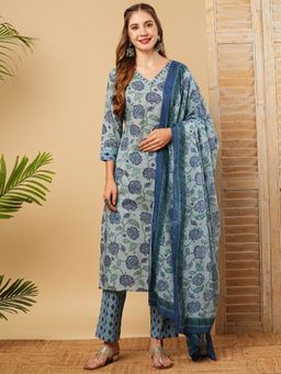 FASHOR - Floral Printed Mirror Embroidered Kurta with Pant & Dupatta - Blue (Set of 3)