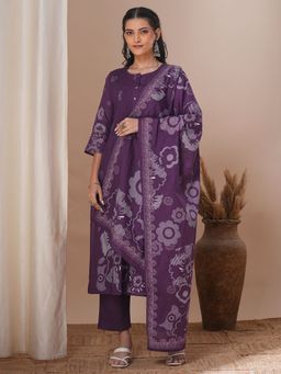 FASHOR - Abstract Floral Printed Straight Fit Kurta with Pant & Dupatta - Purple (Set of 3)