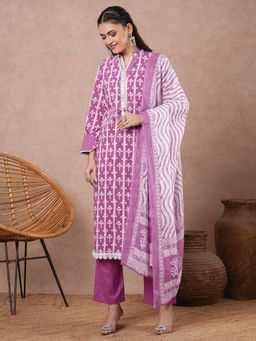 FASHOR - Ethnic Printed Straight Fit Kurta with Palazzo & Dupatta - Purple (Set of 3)