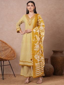 FASHOR - Stripes Printed A-Line Kurta with Palazzo & Dupatta - Mustard (Set of 3)
