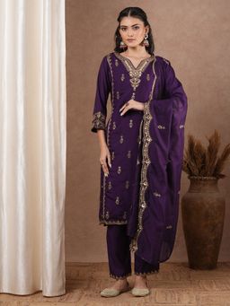 FASHOR - Ethnic Zari Embroidered Straight Kurta with Salwar & Dupatta - Purple (Set of 3)