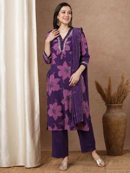 FASHOR - Abstract Bold Floral Printed Straight Kurta with Pant & Dupatta - Purple (Set of 3)