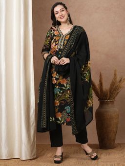 FASHOR - Ethnic Floral Printed Straight Fit Kurta with Pant & Dupatta - Black (Set of 3)