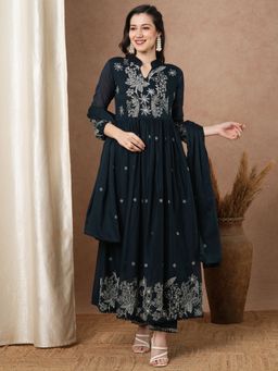 FASHOR - Floral Embroidered A-Line Pleated Kurta with Pant & Dupatta - Sea Green (Set of 3)