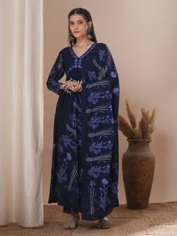 FASHOR - Floral Printed A-Line Pleated Kurta with Pant & Dupatta - Navy Blue (Set of 3)