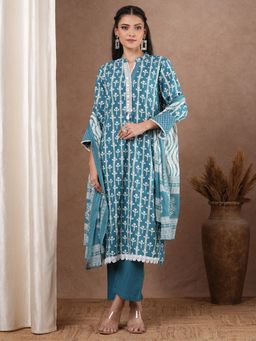 FASHOR - Ethnic Printed Straight Fit Kurta with Palazzo & Dupatta - Blue (Set of 3)