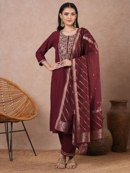 FASHOR - Ethnic Floral Embroidered Straight Kurta with Pant & Dupatta - Maroon (Set of 3)