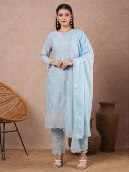 FASHOR - Chikankari Embroidered Straight Fit Kurta with Pant & Dupatta - Blue (Set of 3)