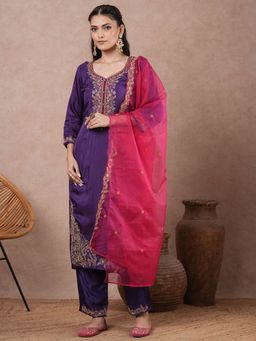 FASHOR - Floral Embroidered Straight Fit Kurta with Pant & Dupatta - Purple (Set of 3)