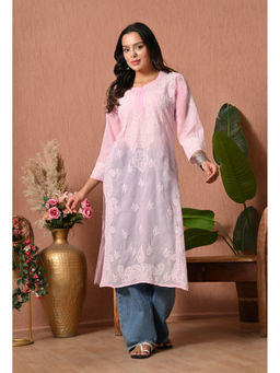 FASHIONABLE CHIKAN HANDIKRAFT - Women Pink Chikankari Hand Embroidered Long Kurta