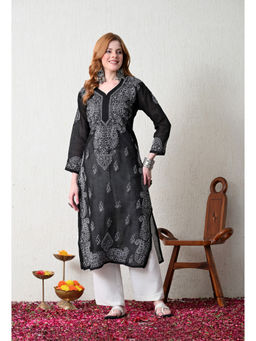 FASHIONABLE CHIKAN HANDIKRAFT - Women Black Chikankari Hand Embroidered Long Kurta