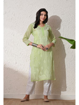 FASHIONABLE CHIKAN HANDIKRAFT - Women Green Chikankari Hand Embroidered Long Kurta