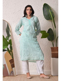 FASHIONABLE CHIKAN HANDIKRAFT - Women Green Chikankari Hand Embroidered Long Kurta