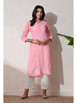 FASHIONABLE CHIKAN HANDIKRAFT - Women Peach Chikankari Hand Embroidered Long Kurta