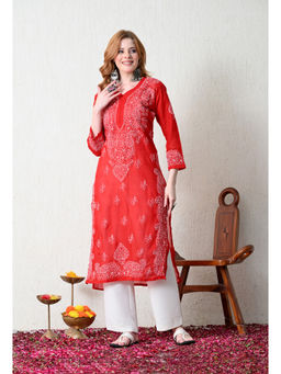 FASHIONABLE CHIKAN HANDIKRAFT - Women Red Chikankari Hand Embroidered Long Kurta