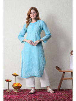 FASHIONABLE CHIKAN HANDIKRAFT - Women Blue Chikankari Hand Embroidered Long Kurta