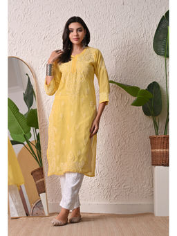 FASHIONABLE CHIKAN HANDIKRAFT - Women Yellow Chikankari Hand Embroidered Long Kurta